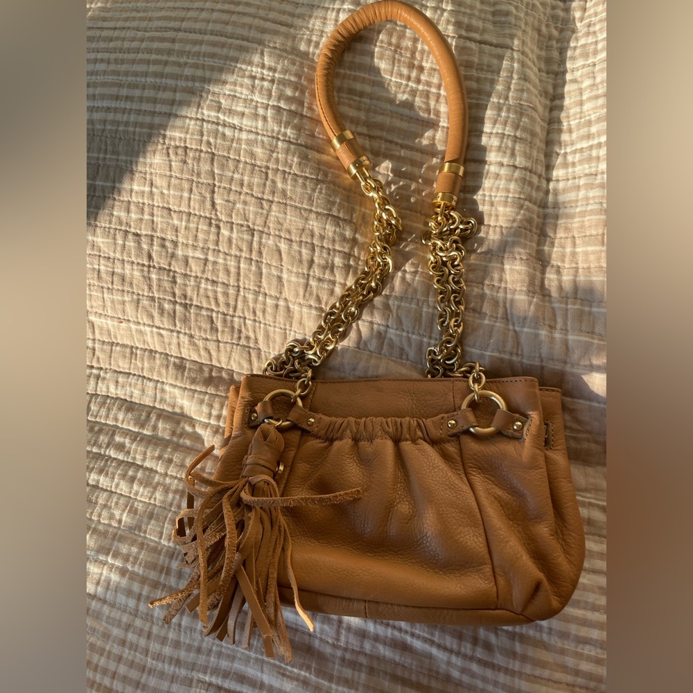 Tahari Luxurious Genuine Tan Leather Shoulder Bag with Gold Chain Straps